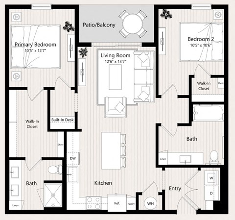 Floor plan for 2 beds, 2 baths, 1099 sqft